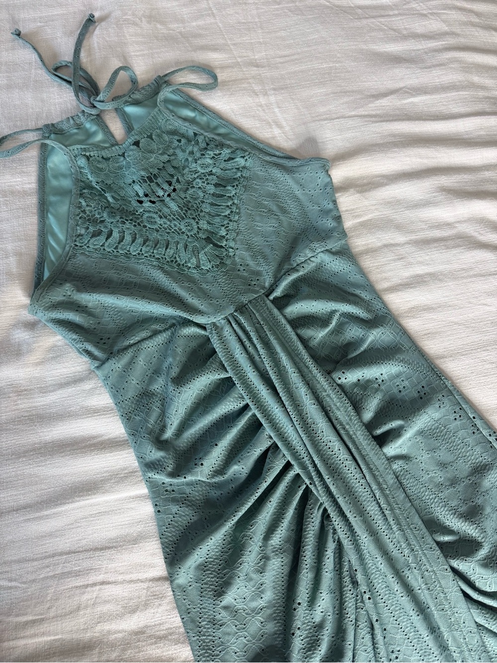 Halter Midi Dress with Crochet Yoke in Seafoam